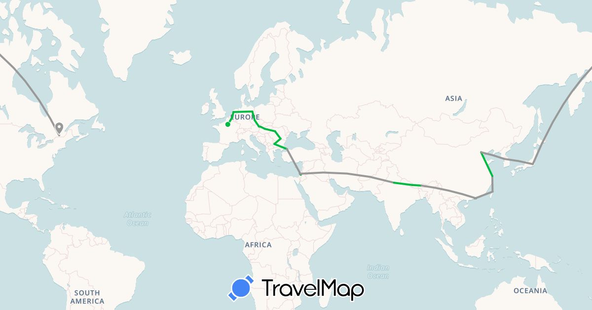 TravelMap itinerary: driving, bus, plane in Bhutan, Canada, China, Germany, France, Hong Kong, Israel, India, Japan, South Korea, Macau, Nepal, Taiwan (Asia, Europe, North America)